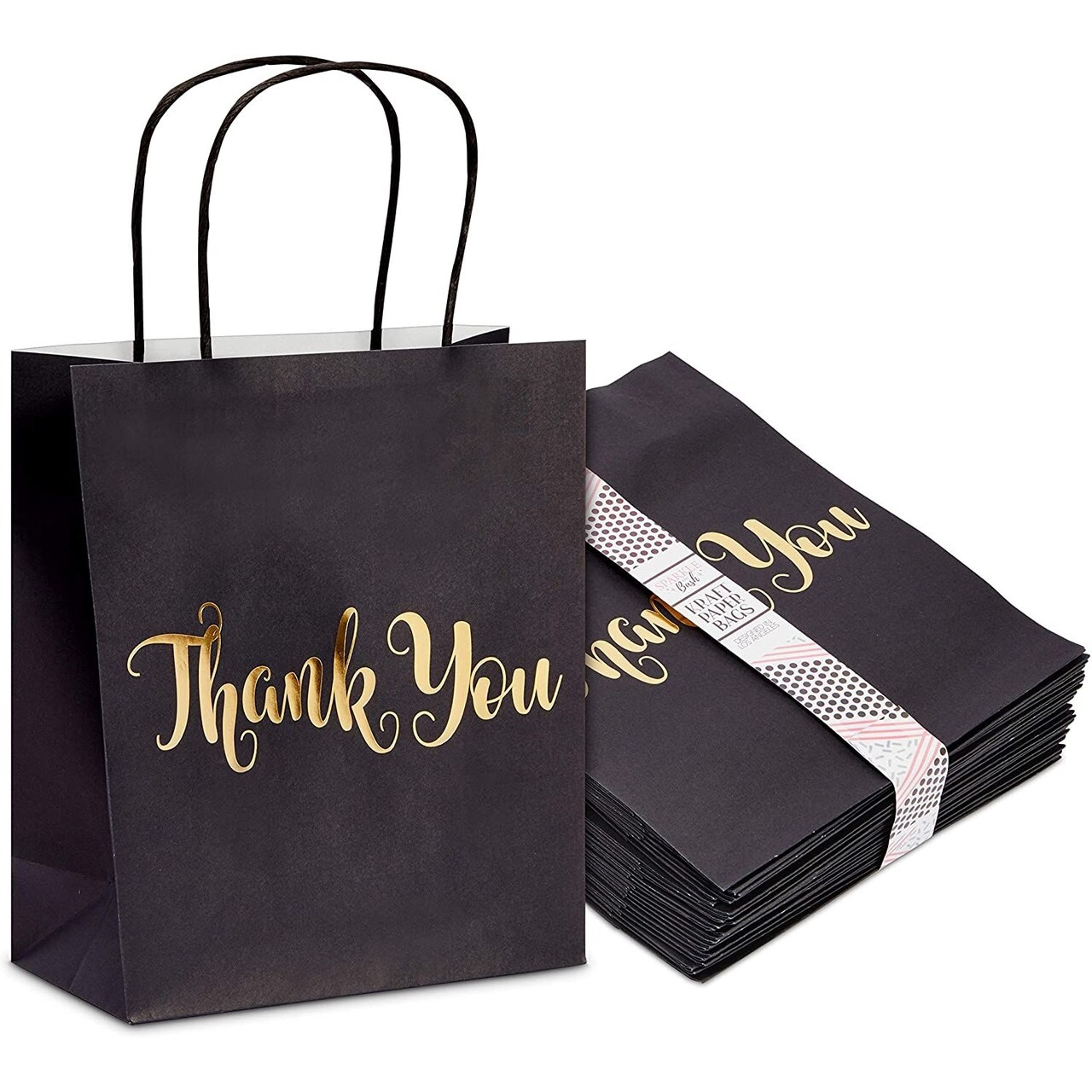 24 Pack Medium Black Thank You Party Favor Paper Goodie Gift Bags with Handles, Gold Foil